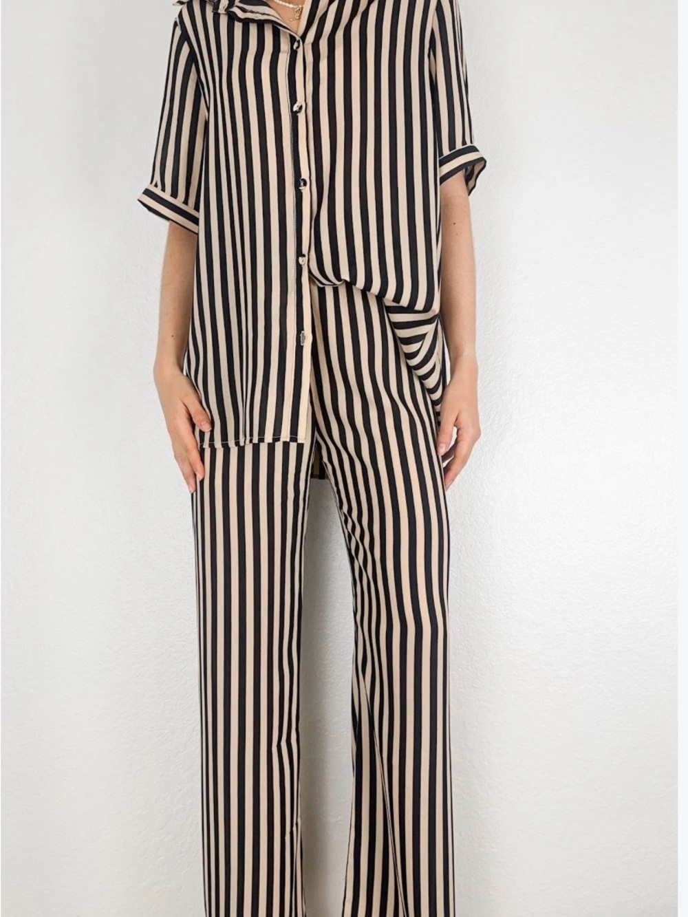 Soma Sensual Striped Wide-Leg PJ Pants & Top Black & Cream Satin Set XXL